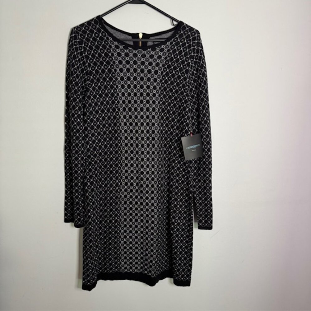 Cynthia Rowley Long Sleeve Black Geometric Print Sweater Dress Size Large NEW!!!